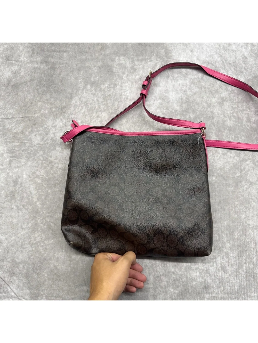 Coach Signature File Crossbody Bag Brown Coated Canvas Hot Pink Trim F23866